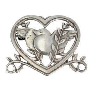 Coro 925 Sterling Silver Vintage Dove Bird in Love Heart, Elegant Brooch Pin